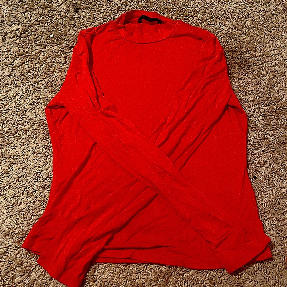 Red Form Fitting Mock Neck Long Sleeve Sweater.
